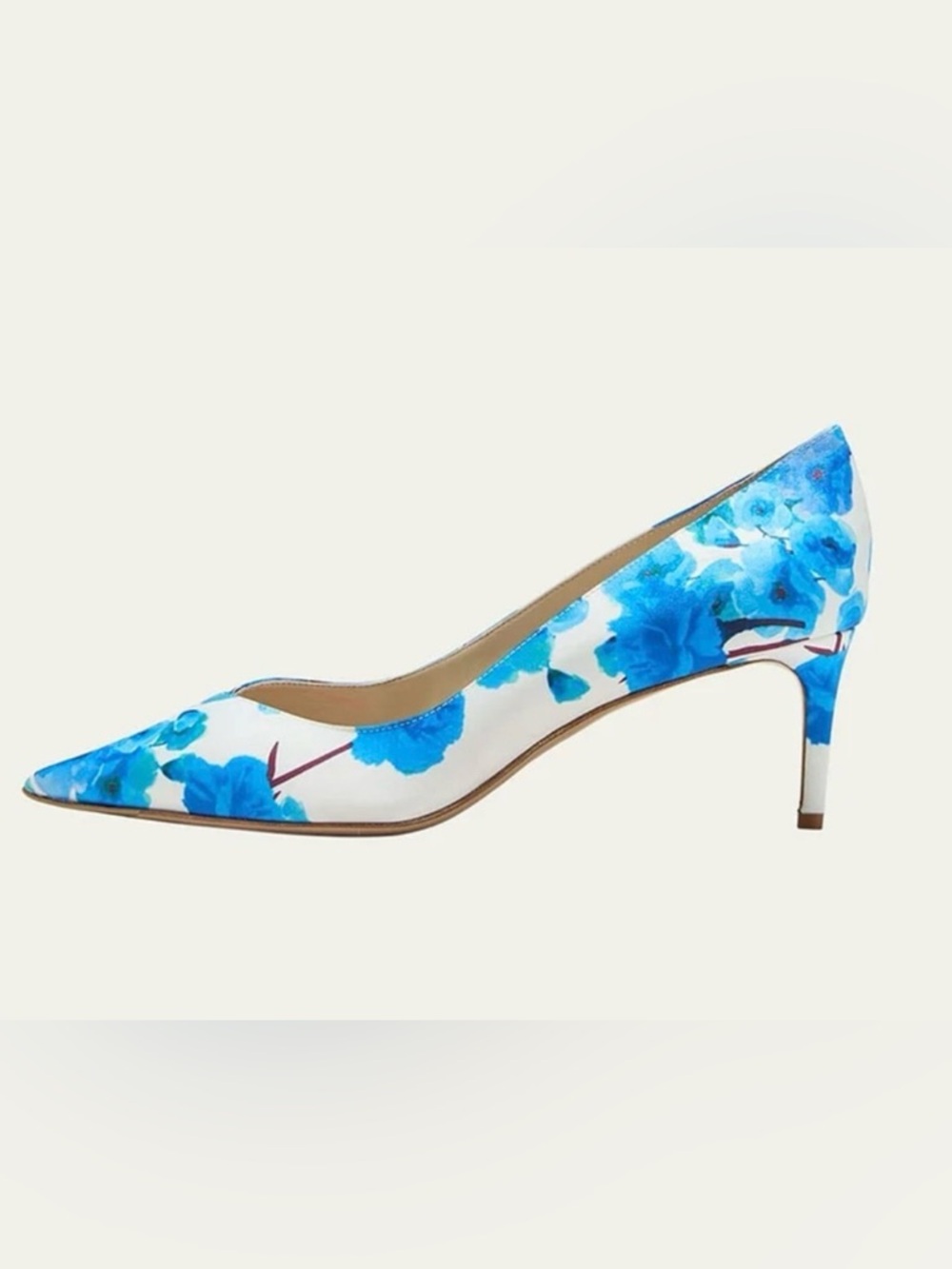 FSJ Blue Floral Pointed Toe Kitten Heel Pumps